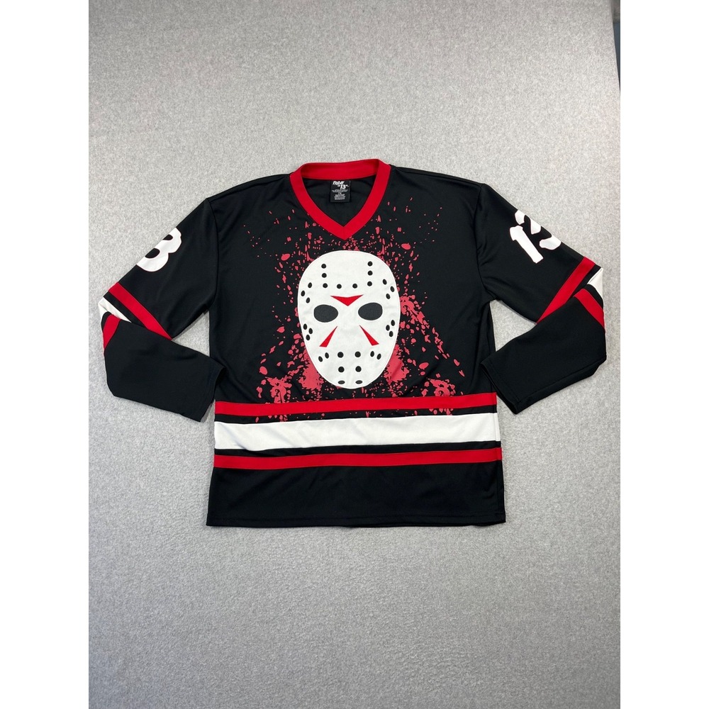 Friday The 13th Jason Voorhees Mask Hockey Jersey Men L Black Long Sleeve V Neck